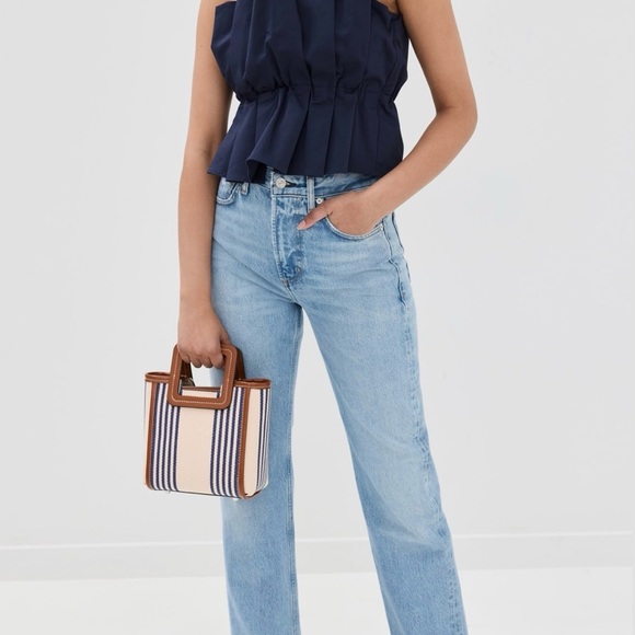 STAUD Navy Strapless ruffle tube Top navy blue XS extra small NWT NEW TAGS - Picture 4 of 8